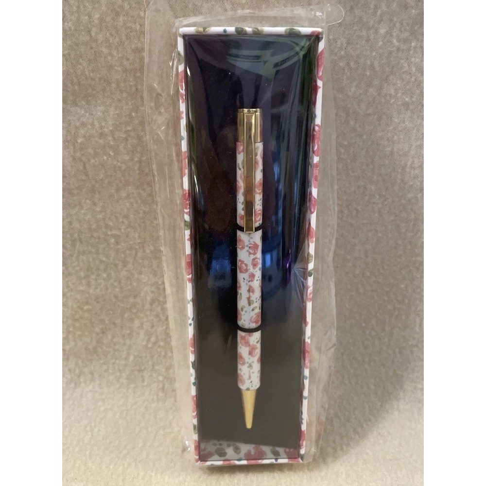 Primitives by Kathy Boxed "Pink Rose" White & Pink Gold Floral Ballpoint Pen NIB